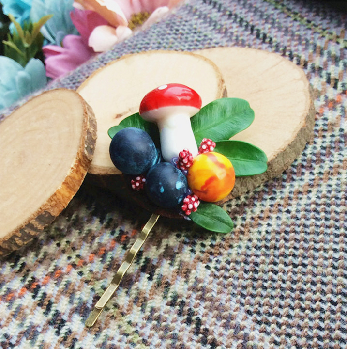 Handmade Hair Accessories Hair Clip Woodland Brooch Fairy Tale Mushroom Blueberry